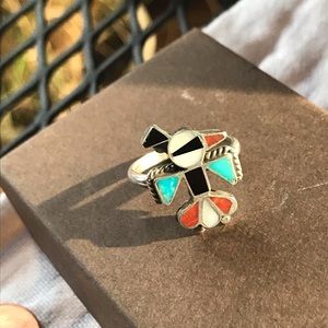 Thunderbird silver turquoise and coral ring